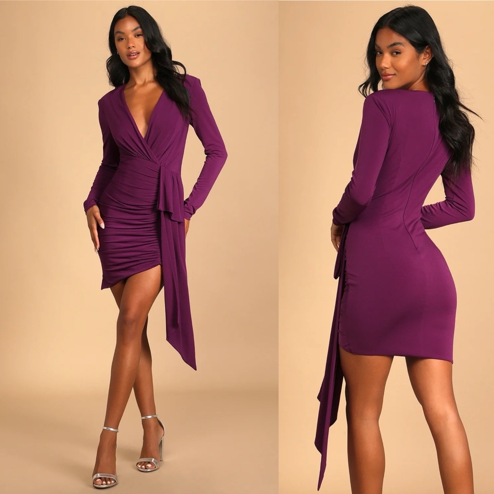 NWT Lulu’s Marley Rouched Purple Deep-V mini dress